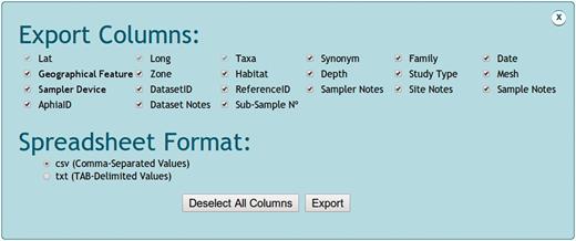 Snapshot of NONATObase exportation options.