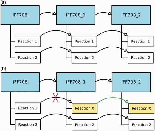 (a) Displays three GEMs where model iFF708_1 is a derived model of iFF708, and iFF708_2 is a derived model of iFF708_1. Model iFF708_1 and iFF708_2 are copies of model iFF708 and contain exact copies of all reactions present in model iFF708. (b) Shows a use case where Reaction 1 was modified in model iFF708_1 (its name was changed to reaction X) resulting in the loss of the reference to Reaction 1, and in the update of Reaction 1 in model iFF708_2. If Reaction 1 in model iFF708 is updated, reaction X will not be changed in model iFF708_1 and model iFF708_2.