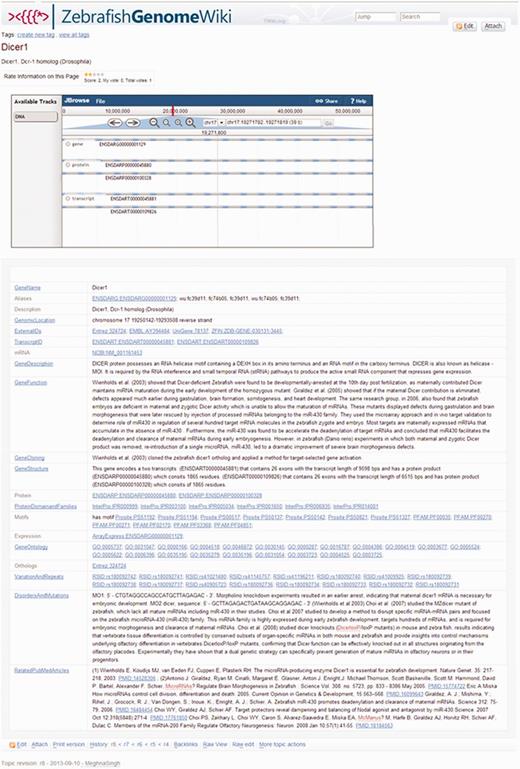Screenshot of a sample GeneCard entry. In the Zebrafish GenomeWiki, the top panel of the page consists of a genome browser interface. The GeneCard is divided into a number of fields each of which consists of information for a particular gene. All the entries highlighted in blue in the information panel are the linkouts to the respective source databases. The bottom panel of the page provides the information about the revision history of the particular gene including an option to edit the page. The information about the last annotation and the annotator is available at the bottom left corner of every page.