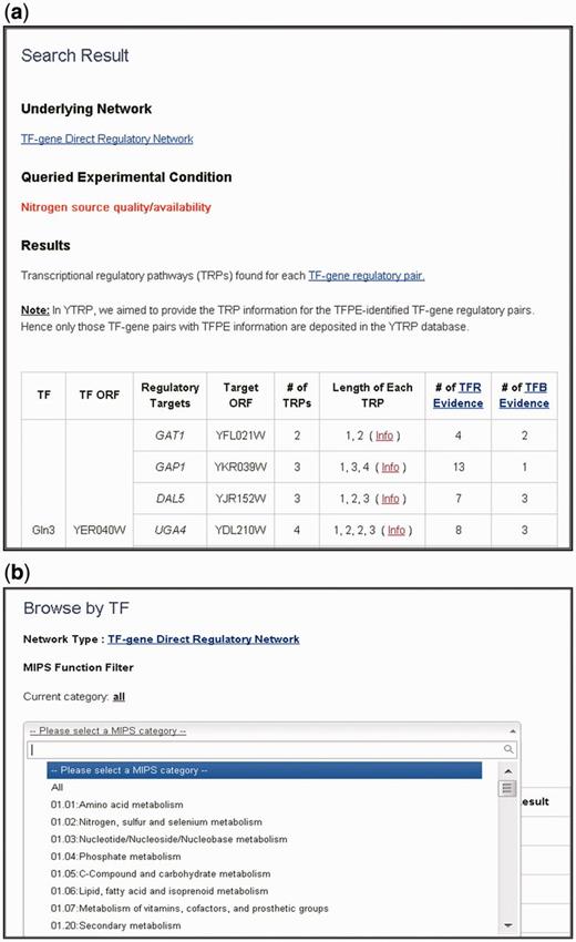  The search result page and the browse page. ( a ) The search results are presented as a table containing all the queried TFPE-identified TF-gene regulatory pairs with their TRP information. TRP information contains the number of enumerated TRPs, the length of each enumerated TRP and the number of experimental evidence for each TF-gene regulatory pair. Clicking the “info” hyperlink directs users to the detail page. ( b ) The browse page contains all regulatory targets of TFs or all regulators of genes with TRP information. In the browse function, users can further filter TFs/genes by their MIPS functional categories. 