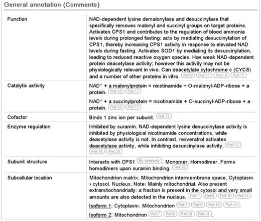 Screenshot of the general annotation section of the human SIRT5 entry (UniProtKB Q9NXA8, http://www.uniprot.org/uniprot/Q9NXA8 ).