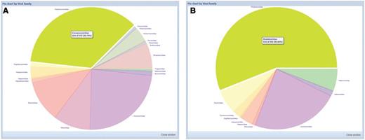 Statistical pie charts available for easy online analyses. ( A ) Viral family distribution of 570 viruses detected from bats in Africa. ( B ) Viral family distribution of 553 viruses detected from bats in Europe.