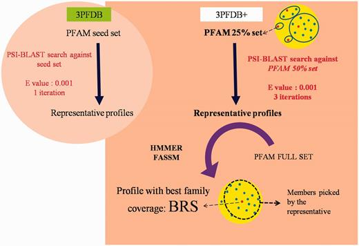 Workflow for the identification BRSs and associated profiles in 3PFDB+ database. The portion highlighted in the circular background shows the differences in the profile generation approach in the earlier study (6).