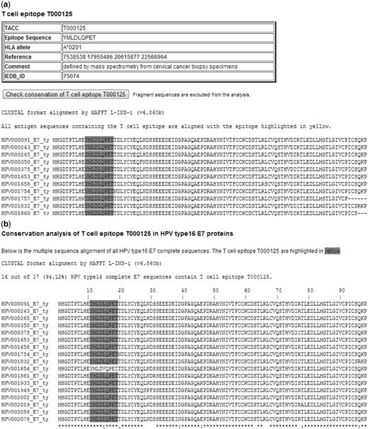  ( A ) A screenshot of a T cell epitope record table in the HPVdb. This table catalogs the relevant information of T cell epitope T000125, i.e. epitope sequence, restricted HLA allele, PubMed id(s) of the reference paper(s) and its characteristics (e.g. information on how the epitope was identified). A multiple sequence alignment of the protein sequences containing the epitope (highlighted) is displayed. ( B ) A screenshot of the conservation analysis result page obtained by clicking on ‘check conservation of T cell epitope T000125’ button. 
