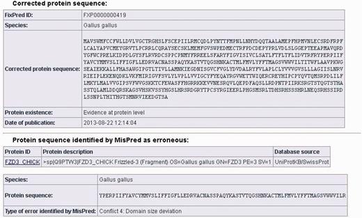 Screen shot of an entry of the FixPred database. The figure shows the corrected version (upper part) of an erroneous protein sequence of G. gallus, deposited in the UniProtKB/SwissProt database with the protein ID: FZD3_CHICK (lower part). The FZD3_CHICK protein was identified as erroneous by MisPred tool 4 (domain size deviation) because it contains only a fragment of the Frizzled (PF01534) domain. The erroneous protein was corrected by the FixPred pipeline in Step 2 by identifying a full-length version of the frizzled-3 precursor (NP_001258869.1).