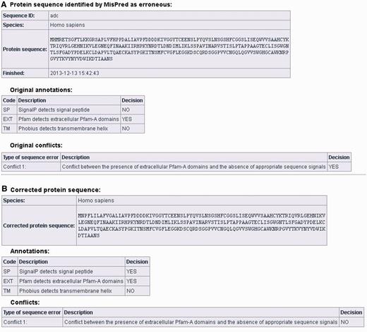 Correction of an erroneous protein sequence by the FixPred pipeline. (A) The upper part of the screen shot shows a H. sapiens protein sequence (NP_001184026.2, trypsin-3 isoform 3 preproprotein) that was identified as erroneous by MisPred tool 1 because it has an extracellular domain but lacks secretory signal peptide. (B) The erroneous protein was corrected by the FixPred pipeline in Step 2 by identifying a version (NP_002762.2, trypsin-3 isoform 2 preproprotein) that does not suffer from this type of error (see lower part of the screen shot).