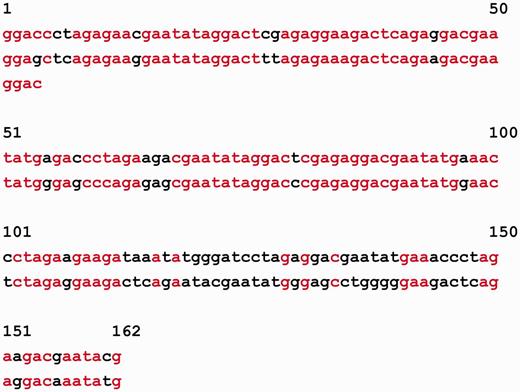 Alignment of DNA sequence from the MMsat database (AAU92263.1) is shown according to the estimate of 162 bp for latent period, which was obtained with the help of SS-approach. Matching characters in the positions of the tandem repeat of the two copies are shown in red.
