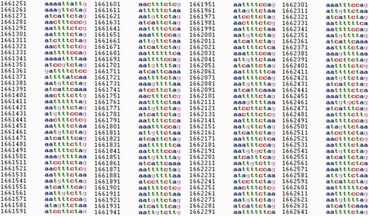  Fragment of a sequence on chromosome I (1 661 021–1 663 249 bp) of C. elegans in HeteroGenome for which a latent profility of 10 bp was revealed. For displayed fragment pl ( 10 ) = 0.77 