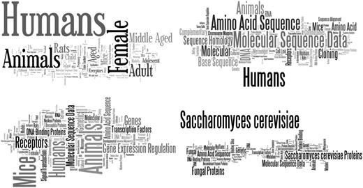 Word cloud ( http://www.wordle.net/create ) representations of MeSH terms found in each corpus: Ab3P (top left), BIOADI (top right), MEDSTRACT (bottom left) and Schwartz and Hearst (bottom right). The MeSH terms confirm each corpus’ original intent: Ab3P was intended as a representation of all biomedical literature in PubMed, BIOADI is the corpus used in the BioCreative II gene normalization challenge, half of MEDSTRACT documents were a result of the search term ‘gene’ on MEDLINE restricted to a small group of biomedical journals and Schwartz and Hearst was a selection of documents returned as a result of the search term ‘yeast’ applied to PubMed.