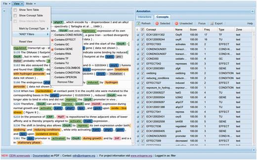 The display of ODIN adapted for curation in RegulonDB.