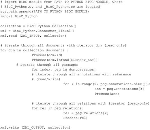 Python code accessing BioC data (tested with Python 2.5.1).