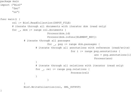Go code accessing BioC data (tested with Go 1.1.2).