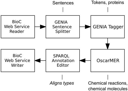 A Web service-enabled workflow built in Argo for identification of metabolic process concepts. The workflow features BioC as the Web service’s input and output format. The callouts show component-specific output annotation types that are relevant for this workflow.