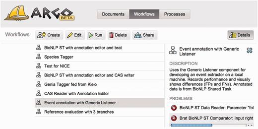 A screenshot of the Argo application showing the Workflows panel that lists and enables managing user-created workflows. The right-hand side panel provides a description of the currently selected workflow as well as warning messages informing the user of problems with the underlying components’ configuration or connections.