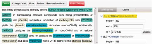 A screenshot of the fragment of Argo’s manual annotation editor. The editor allows users to visually create, modify or delete annotations in the left-hand-side panel, as well as fill in more specific information (governed by a given annotation schema) for each of the annotations in the right-hand-side panel.
