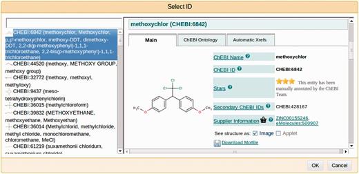 A screenshot of a window for selecting an identifier for an annotated fragment of text from an external resource—in this case, the ChEBI ontology. Users may select the most suitable entry by browsing a selection in the left-hand-side panel and viewing the details in the central panel.