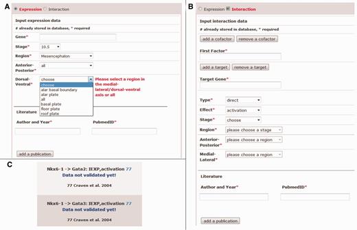 Dialogue of the data input and output of not yet validated data as found on the Mouse IDGenes Web interface. Input dialogue for (A) expression data and (B) interaction data. (C) The output of not yet validated data.
