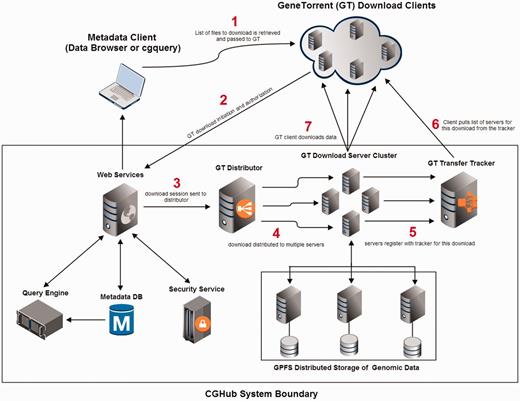 CGHub and GeneTorrent conceptual system design and flow. (1) Client retrieves a list of downloadable files from the CGHub Web services. (2) Client uses GT to initiate a download. (3) Download is handed to GT distributor after proper security checks have passed. (4) Download is distributed to multiple transfer servers within a pool of available servers. (5) Servers announce themselves to the tracker as serving the requested file(s). (6) Client gets list of servers from the tracker. (7) Client downloads data directly from assigned transfer servers. All sequence data are read from the distributed GPFS.