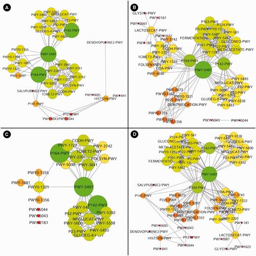 Purine degradation networks. Purine degradation networks are shown for MetaCyc pathways from human digestive metagenomes (A), soil metagenomes (B), their intersection (C) and their union (D) where node diameter and brightness (greenness) increase with increasing edge count.