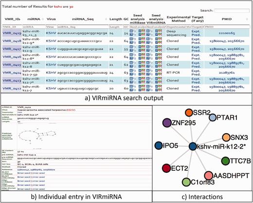 Schematic representation of the search output (a) a screenshot of search output returned in the tabular form having information regarding KSHV miRNAs, (b) Detailed information of kshv-miR-k12-2* miRNA, (c) and its interaction partners in graphical view.