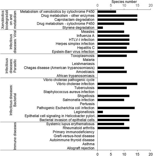 Human-disease and insecticide-resistance pathways. Most pathways in the ‘immune disease’ category were not found. Five pathways involved in insecticide resistance were found in the insect transcriptomes.