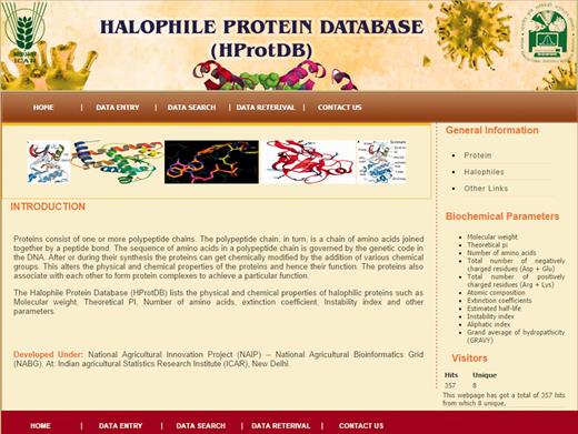 Screenshot of the Halophile Protein Database (HProtDB) home page.