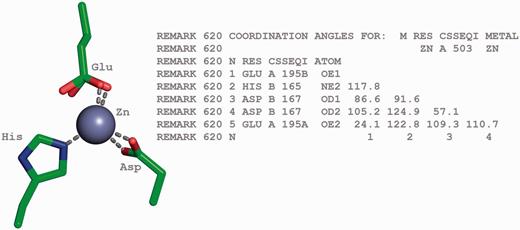 Tetrahedrally coordinated Zn ion in entry 2VW4 ( 32 ) along with the annotation of the bond angles. The REMARK 620 annotation indicates the software calculated bond angle values between Zn A 503 and its surrounding residues. The surrounding residues in anticlockwise direction are Glu A 195, HisB 165 and Asp B 167. The sidechain carboxylate group of the Glu residue exists in two alternate conformation (A and B conformers). The angle between GluA195B-Zn-HisB165 is 117.8, GluA195B-Zn-Asp(OD1)B167 is 86.6, HisB165-Zn-Asp(OD1)B167 is 91.6, Glu195B-Zn-ASP(OD2)B167 is 105.2, HisB165-Zn-Asp(OD2)B167 is 124.9, Asp(OD1)B167-Zn-Asp(OD2)B167 is 57.1, Glu(OE1)A195B-Zn-Glu(OE2)A195A is 24.1, HisB165-Zn- Glu(OE2)A195A is 122.8, Asp(OD1)B167-Zn-Glu(OE2)A195A is 109.3 and Asp(OD2)B167-Zn-Glu(OE2)A195A is 110.7.