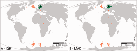 Results of the geographic outlier analysis on the dataset ‘ICES Biological Community’. The left figure (A) represents the IQR approach, the right figure (B) represents the MAD approach. Black diamonds indicate the centroid of the investigated data, green triangles have been evaluated as OK, orange squares have been evaluated as possible outliers.