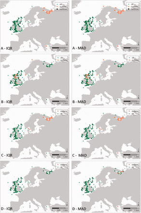  Results of the geographic and environmental outlier analysis of the species Verruca stroemia (Crustacea, Cirripedia). The left column represents the IQR approach, the right column represents the MAD approach. The different outlier analyses are A: geography, B: bathymetry, C: Sea Surface Salinity (SSS) SSS and D: Sea Surface Temperature (SST) SST. Black diamonds indicate the centroid of the investigated data (only for the geographic outlier analysis), green triangles have been evaluated as OK, orange squares have been evaluated as possible outliers. 