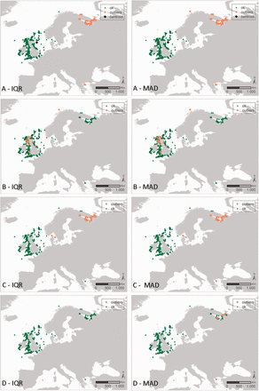 Results of the geographic and environmental outlier analysis of the species Verruca stroemia (Crustacea, Cirripedia). The left column represents the IQR approach, the right column represents the MAD approach. The different outlier analyses are A: geography, B: bathymetry, C: Sea Surface Salinity (SSS) SSS and D: Sea Surface Temperature (SST) SST. Black diamonds indicate the centroid of the investigated data (only for the geographic outlier analysis), green triangles have been evaluated as OK, orange squares have been evaluated as possible outliers.