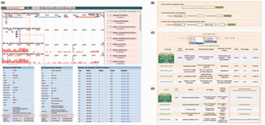 Screenshots of the Genome Browser, transcriptomics and proteomics interfaces. (A) Overview of the Genome Browser and an illustration of its application in browsing of genome, transcriptomes and proteomes; (B) three strategies to quickly search regions of interest using the Genome Browser; (C) check box of up- or down-regulated genes under different conditions, and information table of the differentially transcribed genes, including biological functions, Cyanobase functional categories, COG categories, fold changes and external links; (D) an information table of proteomic data.