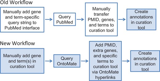 RGD手工基因管理的新旧工作流。白色方框表示涉及PubMed界面的任务，彩色方框表示RGD管理工具界面中完成的流程。新工作流将旧工作流的流程从两个接口减少为一个接口。