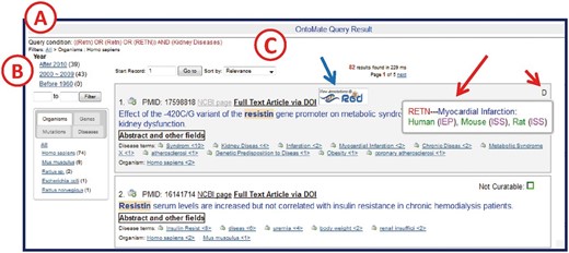 OntoMate query results page. ( A ) ‘Query Condition’ displays the string of objects and terms used in the query. ( B ) The filter section allows users to adjust the results according to publication chronology or object/term refinements. The tabs display hyperlinked subsets of result categories. Any link may be selected to restrict or expand the selected results. A ‘filter path’ appears below the Query Condition to show the user what filters have been applied. ( C ) The search results are sorted by relevance by default, but can also be sorted by publication date or PMID. If the reference is in RGD already, an RGD logo appears (blue arrow) above the title. If there are any GO or disease vocabulary annotations from this reference, an aspect initial appears in the upper right corner of the reference entry (short red arrow, D = disease). By ‘mousing over’ the aspect letter, a pop-up appears to show what annotation(s) has been made (long red arrow).