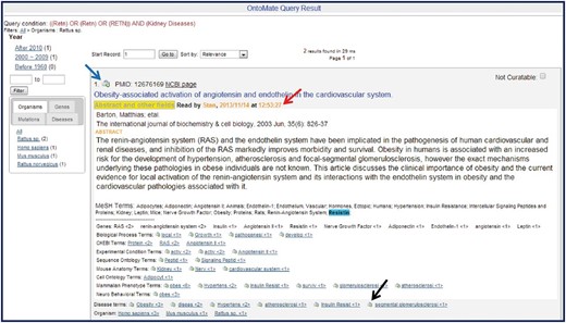 Sample OntoMate abstract entry. The abstract has been opened by clicking on the ‘Abstract and other fields’ button underneath the title. A ‘Read by’ (red arrow) note shows that the abstract has been accessed by another user sometime before. The abstract can be entered into the main RGD database and into the curation tool interface by clicking on the bucket icon (blue arrow) above the title. Any of the hyperlinked terms can be placed in the curation tool term bucket by clicking the bucket icon (example at black arrow) to the left of the appropriate term. Terms may also be displayed in the term browser in the curation tool interface by clicking the hyperlinked term. Corresponding terms in the abstract are highlighted if the user ‘mouses over’ any of the terms listed below the abstract.