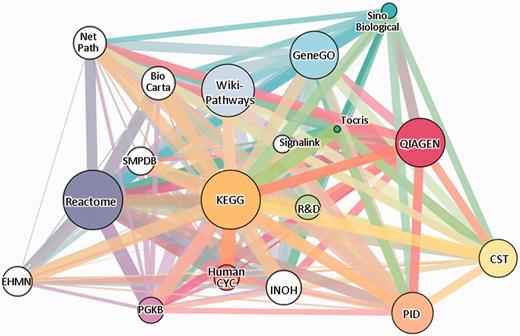 The gene-content network of pathway sources. Eighteen sources are shown, 12 of which (colored) are included in SuperPaths generation. Edge widths are proportional to the pairwise Jaccard similarity coefficient computed for the gene contents of the entire source. The sources, depicted in GeneCards Version 3.12, are: Reactome (13), KEGG (14), PharmGKB (15), WikiPathways (16), QIAGEN, HumanCyc (17), Pathway Interaction Database (18), Tocris Bioscience, GeneGO, Cell Signaling Technologies (CST), R&D Systems and Sino Biological (see Table 1). White circles correspond to sources not included in the SuperPath generation process: BioCarta (19), SMPDB (20), INOH (21), NetPath (22), EHMN (23) and SignaLink (24).
