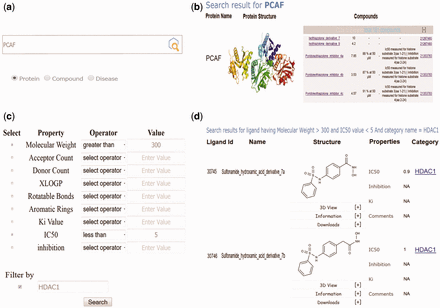  Screenshots of EpiDBase showing (a) protein and ligand-based text search; (b) results of protein-based text search; (c) advanced search dialog box for ligand search based on advanced properties such as MW, IC 50 , hydrogen bond donor, acceptor count,  K i and so on; (d) results of advanced search based on MW cutoff of >300 and IC 50 <5 and filtered by protein HDAC1. 