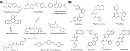 The chemical structures of the EpiDBase molecules with some representative examples of various bin cluster: (a) molecular scaffold representing smallest bin cluster (only 1 structure); and (b) molecular scaffold representing the largest bin cluster size (83 structures).