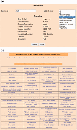 Snapshots of search and browse option of LMPID. ( a ) Search’ page of LMPID showing ‘WxP’ used as a keyword to be searched in the ‘Regular Expression’ field. ( b ) ‘Browse’ page of LMPID.