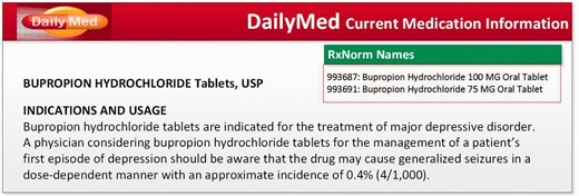 An example of an FDA Drug Label in DailyMed; drug names are specified as normalized concepts under the ‘RxNorm Names’ box, and the drug indications are described as free text in the ‘INDICATIONS AND USAGE’ section.