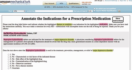 Screenshot of the drug indication micro task on MTurk.