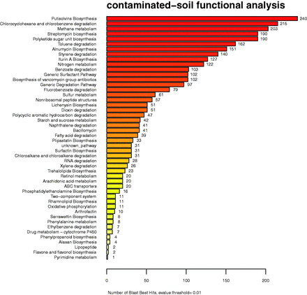 Abundance analysis of an oil-contaminated soil sample. An important number of proteins involved in the synthesis of biosurfactants and alkane degradation have been identified.