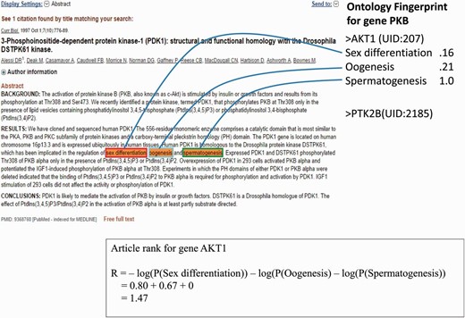  An example of a PubMed abstract (PubMed ID: 9368760) that contains three GO terms for gene AKT1 . The Ontology Fingerprint of the gene and the calculation of the gene’s rank are illustrated. 
