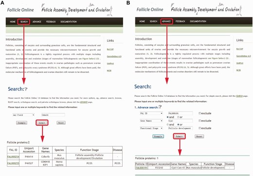 (A) Screen shots of user interface—simple search. Simple search query using one of the six options provided e.g. Gene Name. (B) Screen shots of user interface—advance search. The search mode is an advanced search with multiple parameters that permits retrieval of very fine subsets of data. 