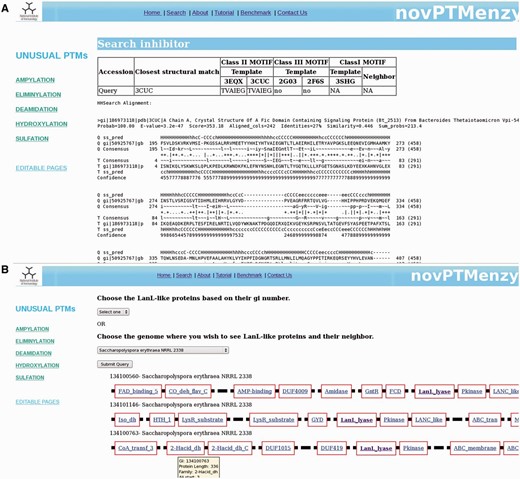 ( A ) Results from ‘Search Inhibitory helix’ interface that predicts inter or intra inhibitory helices of Fic domains. Along with classification of the identified inhibitory helix as class I, II or III, it helps in prediction of inhibitory motif. It also shows the structure-based profile–profile alignment based on which the given inhibitory helix was predicted. ( B ) Screenshot depicting genomic neighborhood of a typical LanL protein containing eliminylation domain. Each gene is represented by a thick black line and the functional domains present in a given gene are depicted by red-colored rectangular boxes with the name of the domain inscribed in the box. novPTMenzy has assigned all functional domains using Pfam database, except for eliminylation domain which has been identified by HMM profiles stored in backend databases of novPTMenzy.