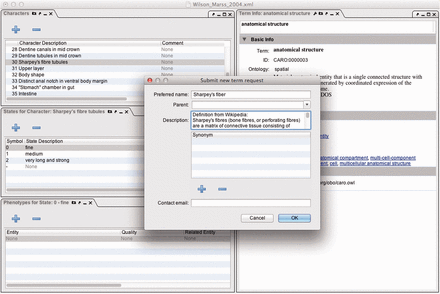 Phenex screenshot of window with the ontology request broker (ORB) pop-up box overlaying panels for characters, states, phenotypes and term information.
