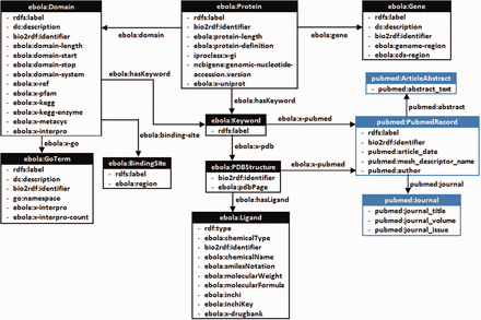 A class diagram of the custom-developed Ebola-KB Vocabulary ( Supplementary Appendix III ) for transforming the aggregated data into RDF. We reuse elements from the Bio2RDF PubMed Vocabulary (highlighted in blue), and provide properties ebola:x-ref and ebola:x-<database> to link back to associated entity URIs from other data sources.