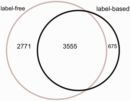 The Venn diagram of the proteins measured in label-free and label-based studies (35 publications).