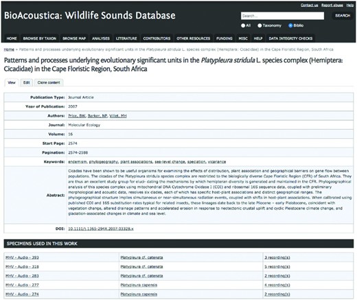 Publication page from BioAcoustica website showing links to specimens and recordings referenced in the article.