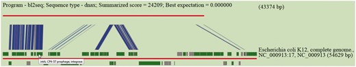 Pre_GI visualization of BLASTN comparison of the DNA sequence of a newly identified island against Pre_GI. The query sequence is depicted by the top red line and a hit subject sequence is represented by the bottom red line. Dark green boxes represent genes. Connecting blue strips between query and subject indicate high-scoring sequence pairs.