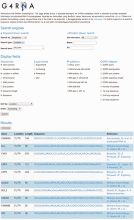 Cropped screen capture of a G4RNA query. It displays the gene symbol, location in the mRNA, nucleotide length, sequence and reference of wild-type sequences presenting an ‘AAUAAA’ polyadenylation signal sorted by their location in mRNA.